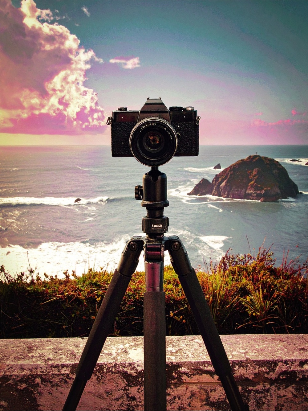 Black Camera Art Print on Tripod - Coastal Photography Wall Art